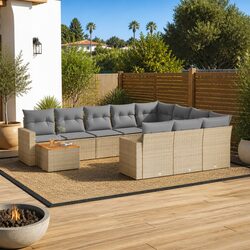 Garden Sofa Set 11 Piece Outdoor Furniture Patio Beige Poly Rattan Modular