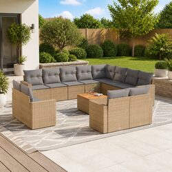 Beige Outdoor Sofa Set - 13 Piece Poly Rattan Furniture