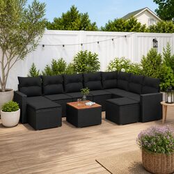 10 Piece Outdoor Patio Sofa Set in Black with Acacia Table