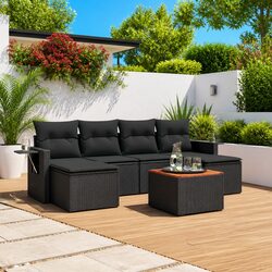 Outdoor 7 Piece Modular Sofa Set with Cushions Black Rattan