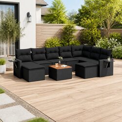 10 Piece Garden Sofa Set Black Poly Rattan Outdoor Furniture with Cushions