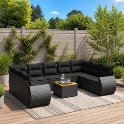 10-Piece Modular Garden Sofa Set in Black Rattan with Cushions
