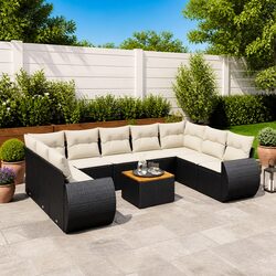 10 Piece Outdoor Garden Sofa Set Black Poly Rattan Patio Furniture with Cushions