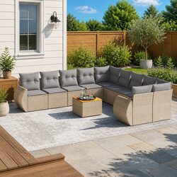 Garden Sofa Set 11 Piece Outdoor Furniture Beige Poly Rattan Patio Lounge with