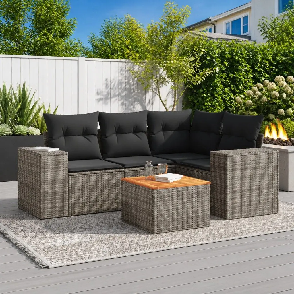 5 Piece Outdoor Sofa Set Grey Poly Rattan with Cushions and Under-Seat Storage