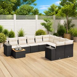10 Piece Outdoor Garden Sofa Set Black Poly Rattan Patio Furniture with Cushions