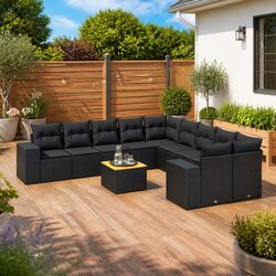 Garden Sofa Set 11 Piece Outdoor Furniture Patio Lounge Black Poly Rattan