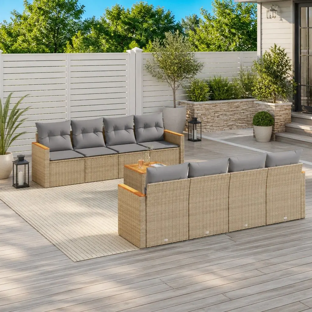 9 Piece Patio Furniture Set Modular Beige Poly Rattan Outdoor Garden Sofa with Storage
