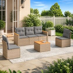 Garden Sofa Set 6 Piece Outdoor Furniture Beige Poly Rattan Patio Lounge with