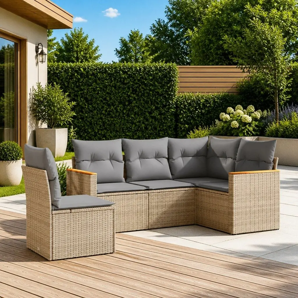 Garden Sofa Set 5 Piece Outdoor Furniture Modular Poly Rattan Patio Beige