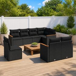 Garden Sofa Set 8 Piece Outdoor Furniture Black Poly Rattan Modular Patio