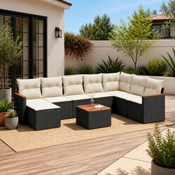 Outdoor Garden Sofa Set 9 Piece Patio Furniture Black PE Rattan with Cushions