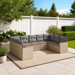 Outdoor Lounge Sofa Set: 9 Pieces in Beige Rattan