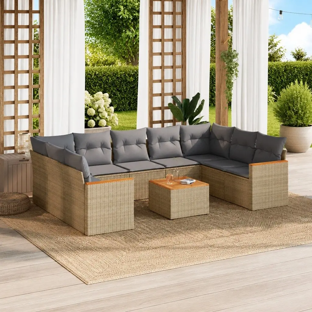 10 Piece Garden Sofa Set Outdoor Furniture Beige Poly Rattan Cushions