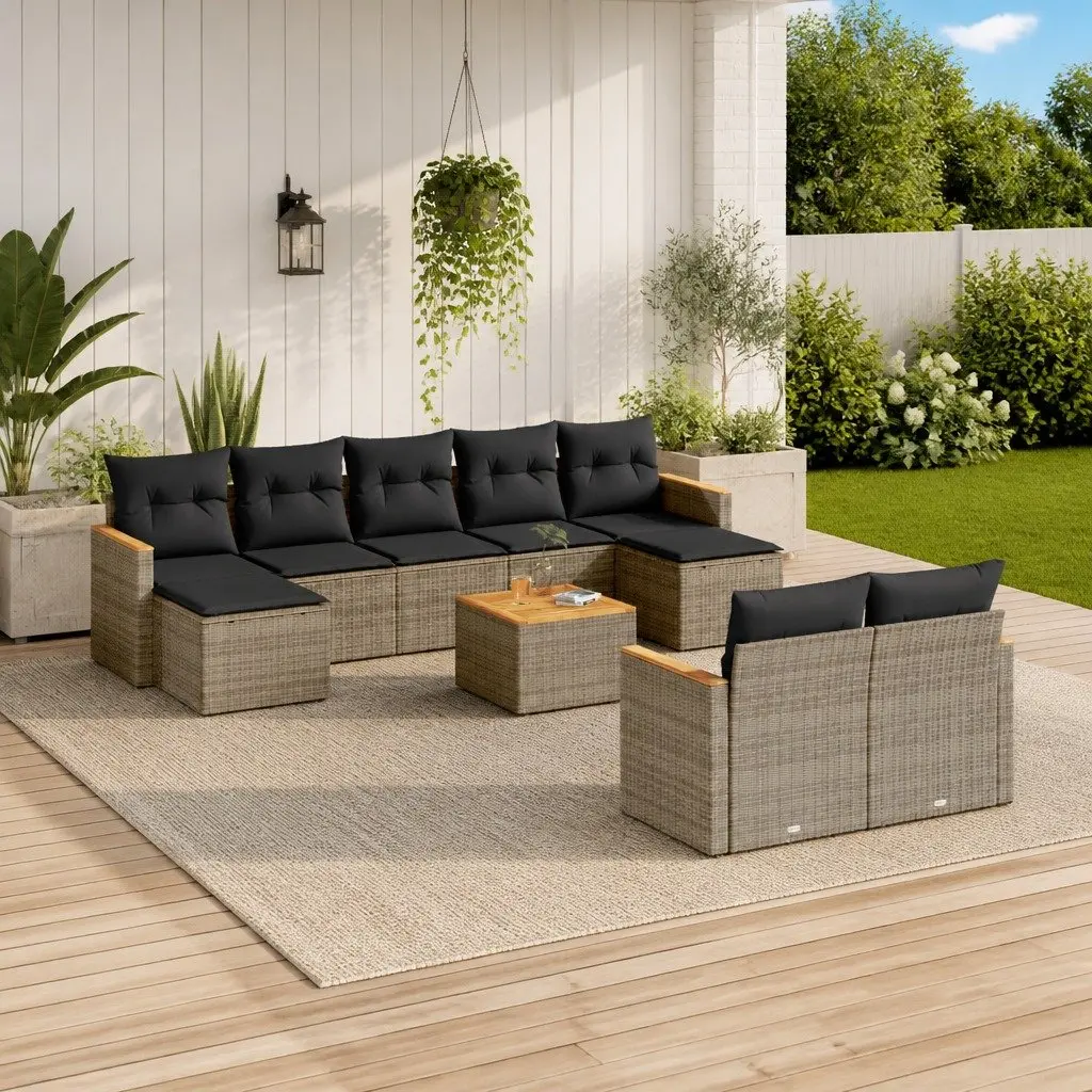 Garden Sofa Set 10 Piece Grey Rattan Outdoor Furniture with Storage Function and Removable Cushions