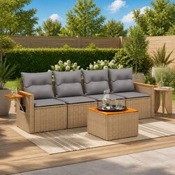 Outdoor Garden Sofa Set 5 Piece with Cushions Storage Beige Poly Rattan Patio
