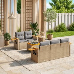 Garden Sofa Set 6 Piece Outdoor Furniture Beige Poly Rattan Modular Patio Lounge