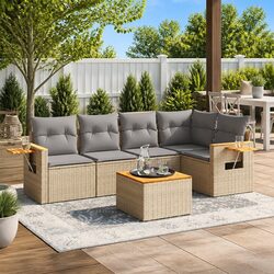 Garden Sofa Set 6 Piece Outdoor Furniture Beige Poly Rattan Patio Sectional