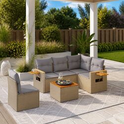 Garden Sofa Set 6 Piece Outdoor Furniture Beige Poly Rattan Patio Seating with