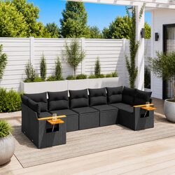 7 Piece Garden Sofa Set with Cushions Black Poly Rattan Outdoor Furniture Patio