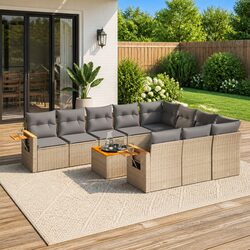 Outdoor 11-Piece Sofa Set in Beige Poly Rattan