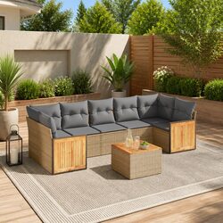 Garden Sofa Set 8 Piece Outdoor Furniture Beige Poly Rattan Patio with Cushions