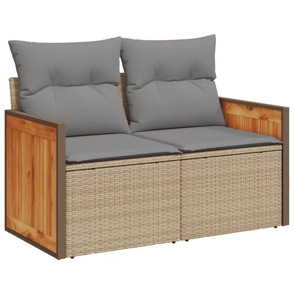 Garden Sofa Set 9 Piece Modular Outdoor Furniture Beige PE Rattan with Acacia Wood Table Top and Water-Resistant Storage Bag
