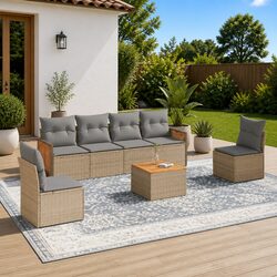 7 Piece Garden Sofa Set Beige Poly Rattan Outdoor Patio Furniture with Cushions