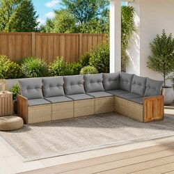Outdoor Garden Sofa Set 7 Piece Beige Poly Rattan Patio Furniture with Cushions