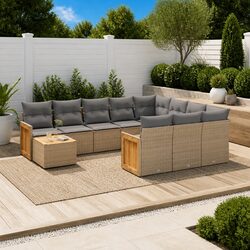 Outdoor Garden Sofa Set 11 Piece Beige Poly Rattan Patio Furniture with Storage