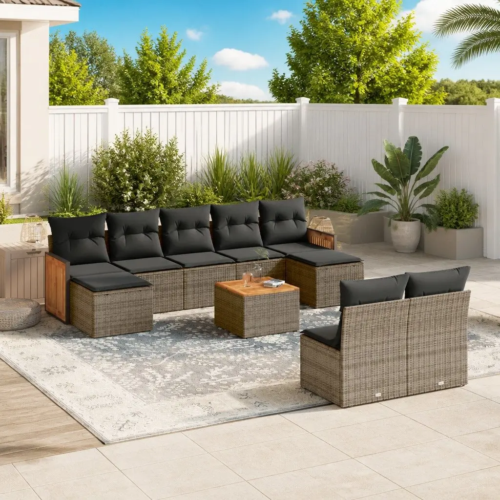 Garden Sofa Set 10 Piece Grey Poly Rattan Modular Outdoor Furniture with Acacia Wood Tabletop and Storage Function