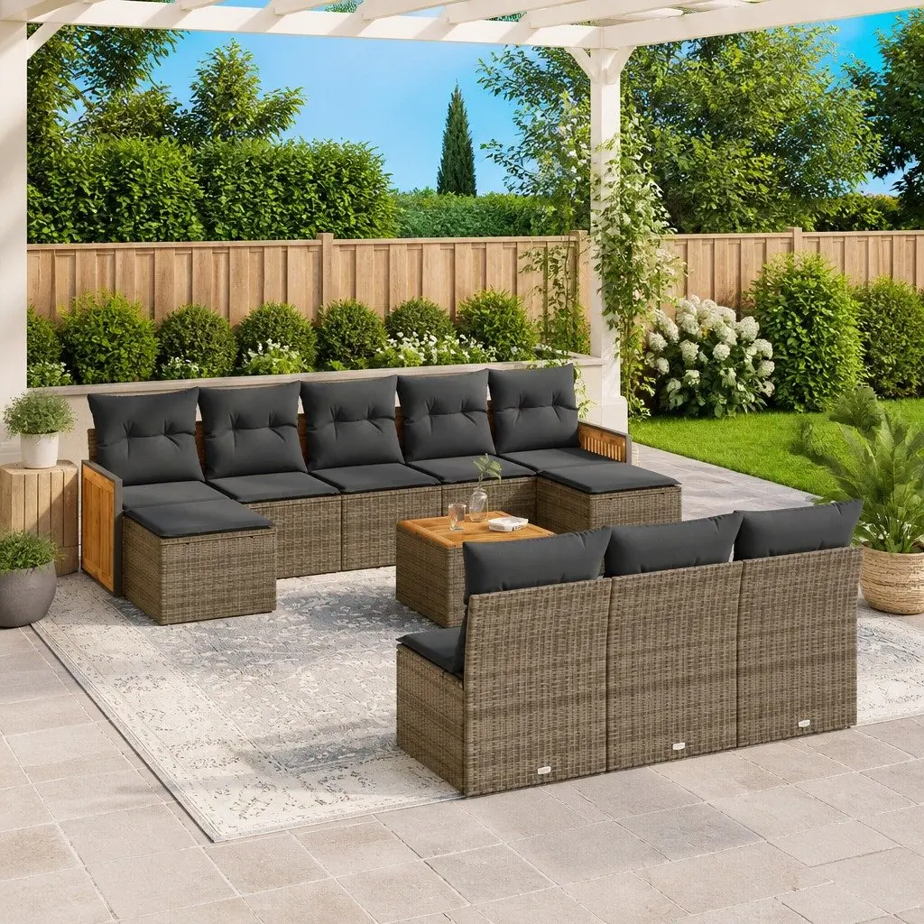 Garden Sofa Set 11 Piece Modular Outdoor Furniture Grey PE Rattan with Acacia Wood Table Top