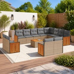 Garden Sofa Set 13 Piece Outdoor Furniture Beige Poly Rattan Patio Lounge