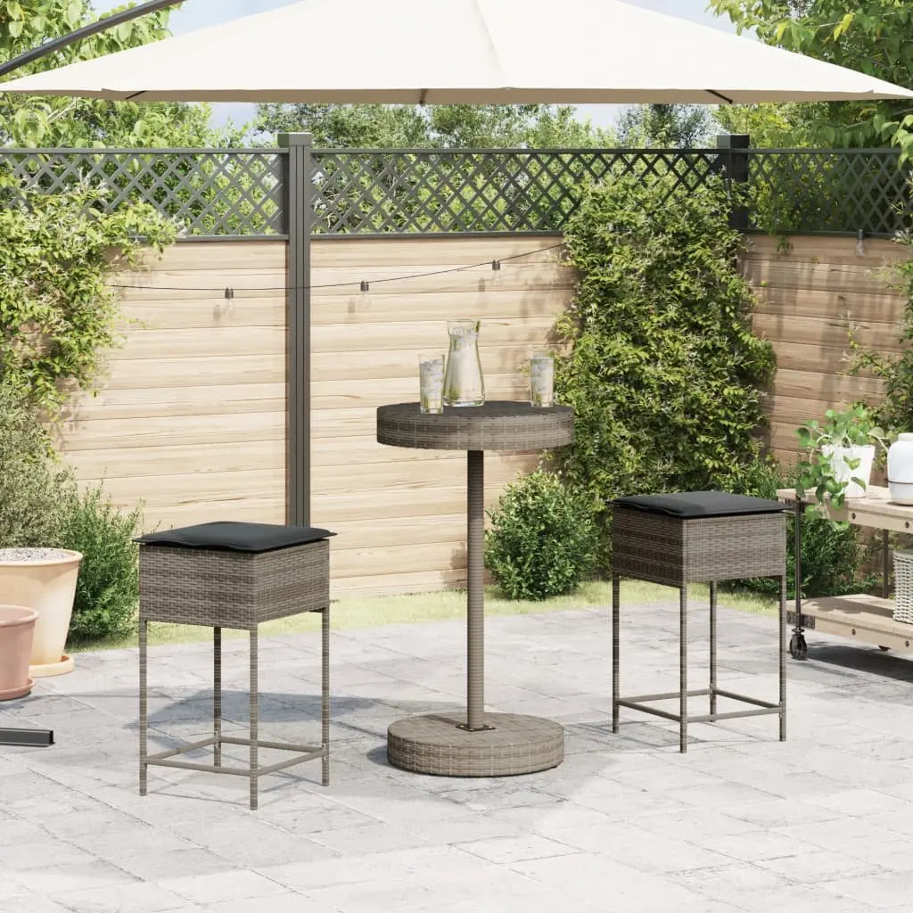 Garden Bar Set 3 Piece Outdoor Furniture with Cushions Grey Weather-Resistant PE Rattan and Powder-Coated Steel Frame