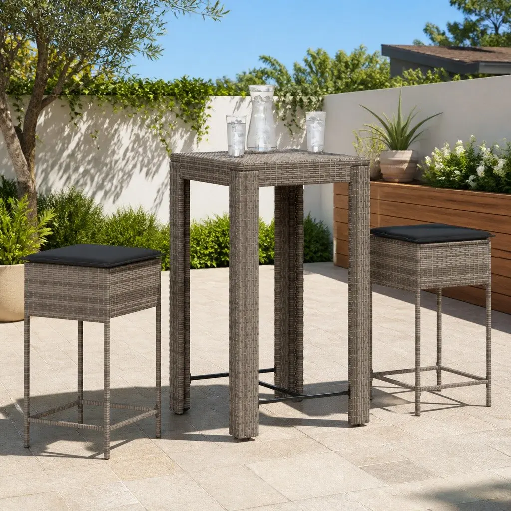 Garden Bar Set 3 Piece Grey Outdoor Furniture with Cushions PE Rattan Construction