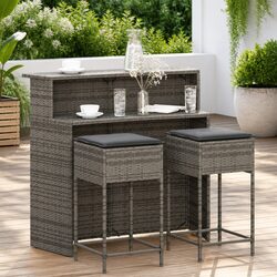 Grey Poly Rattan Garden Bar Set: 3-Piece with Cushions