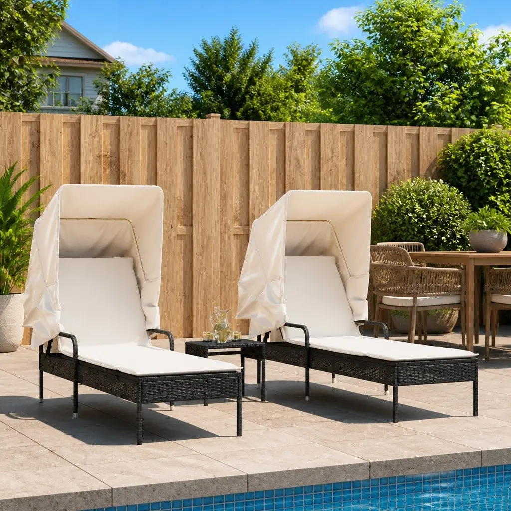 Sun Loungers Set 2 pcs Adjustable Backrest Retractable Canopies Tea Table Black Outdoor Furniture