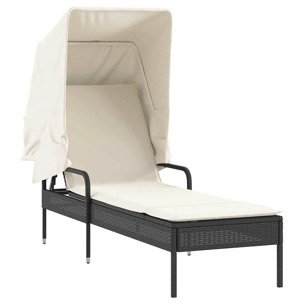 Sun Loungers Set 2 pcs Adjustable Backrest Retractable Canopies Tea Table Black Outdoor Furniture