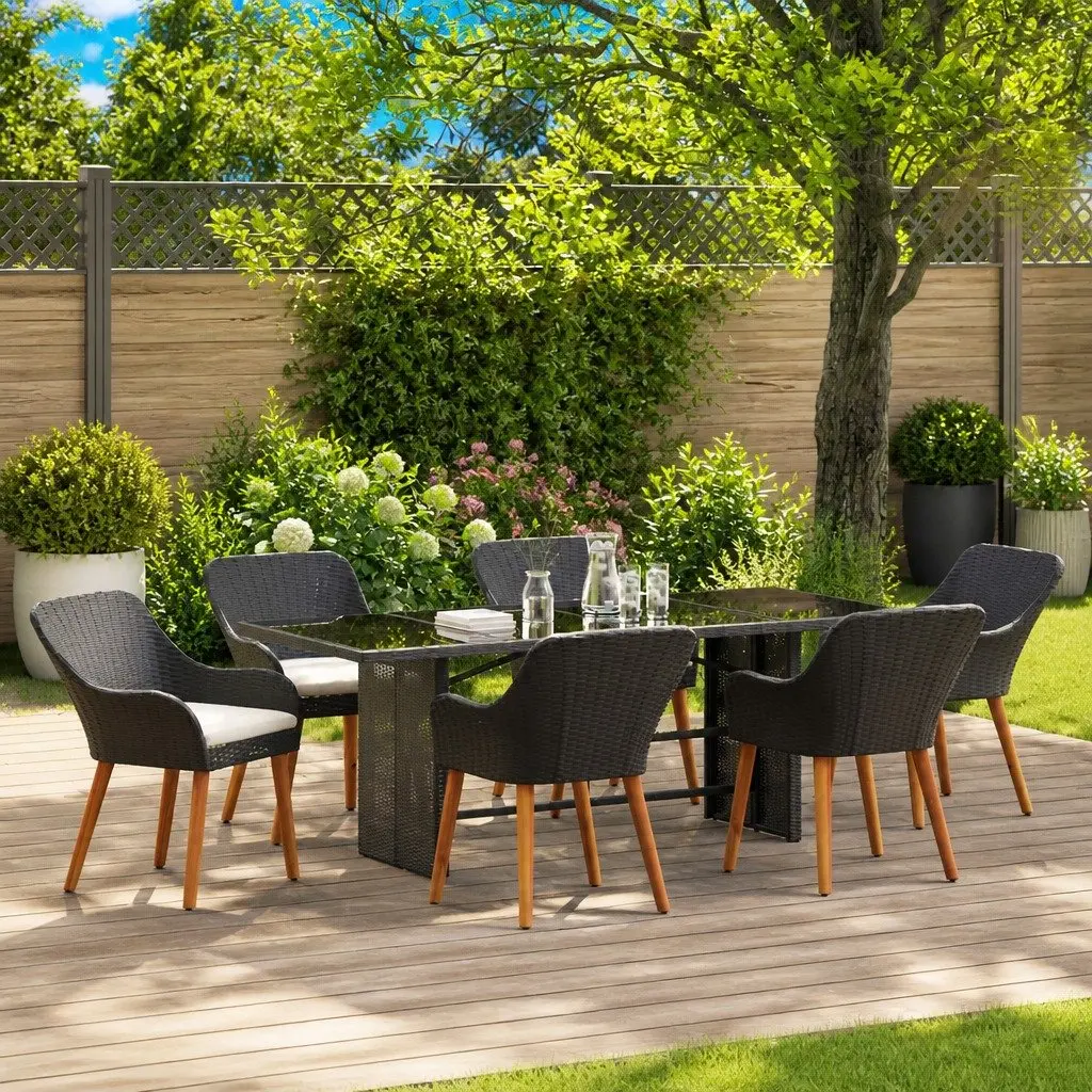 Outdoor Furniture Set 7 Piece Dining Table and Chairs Poly Rattan Black with Cushions
