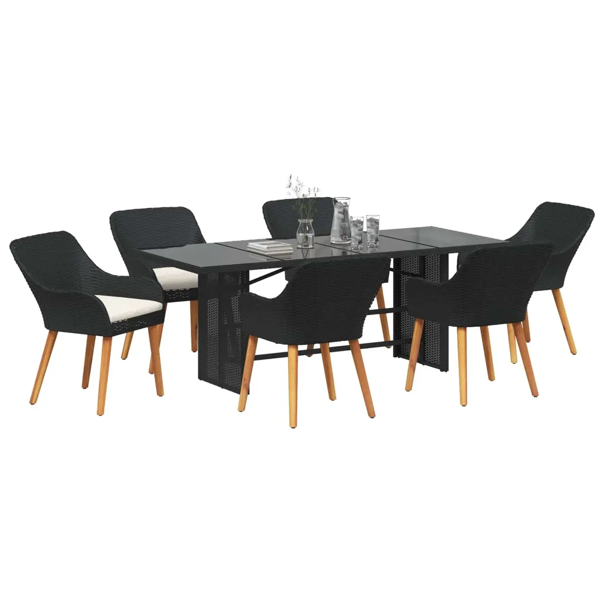Outdoor Furniture Set 7 Piece Dining Table and Chairs Poly Rattan Black with Cushions