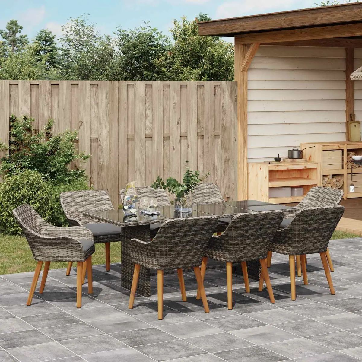 Garden Dining Set 9 Piece Outdoor Furniture Grey Poly Rattan Table Chairs
