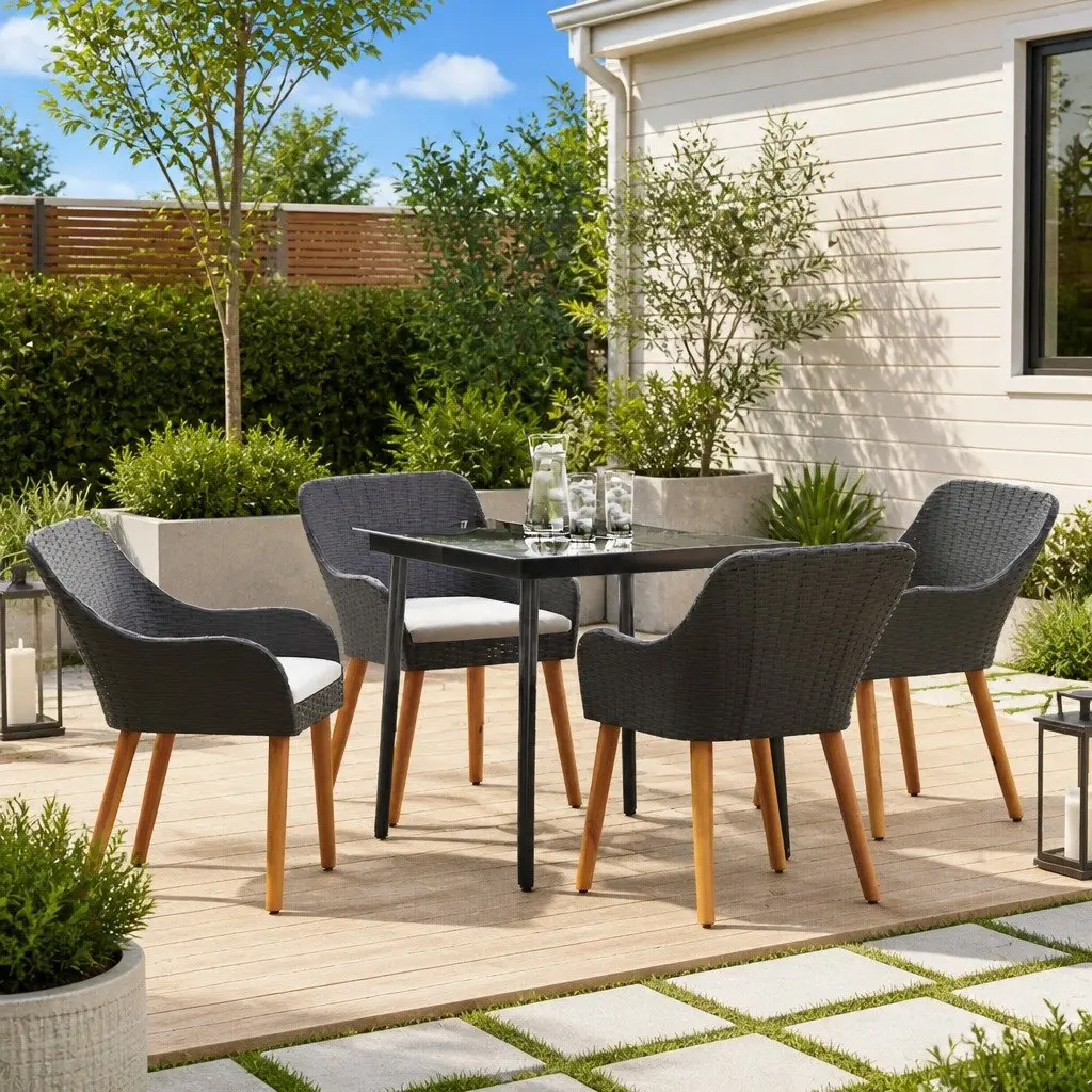Garden Dining Set 5 Piece Black Poly Rattan Patio Table Chairs with Cushions