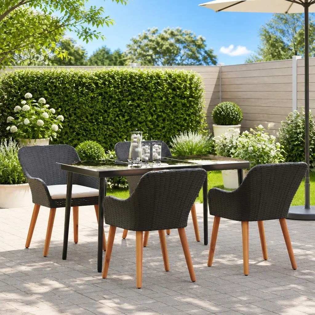 Outdoor Dining Set 5 Pieces Black Poly Rattan Table and Chair Weather-Resistant Cushions