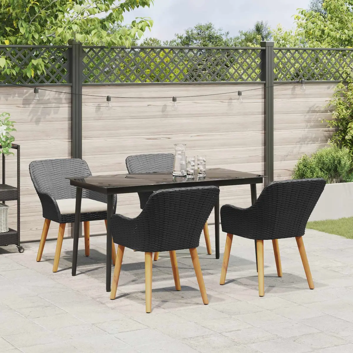 Outdoor Dining Set 5 Pieces Black Poly Rattan Table and Chair Weather-Resistant Cushions