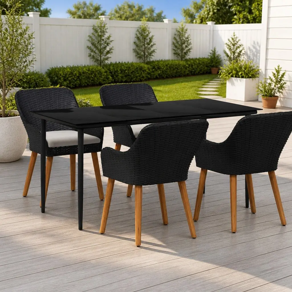 Outdoor Garden Dining Set 5 Piece Black Poly Rattan Table with Cushions