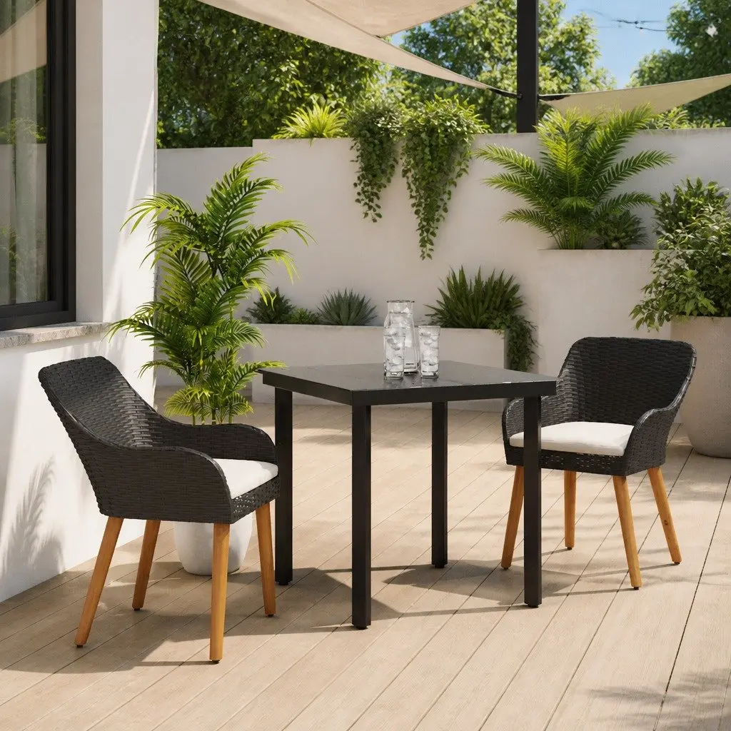Outdoor Dining Set 3 Pieces Modern Black Poly Rattan Chairs with Tempered Glass Table