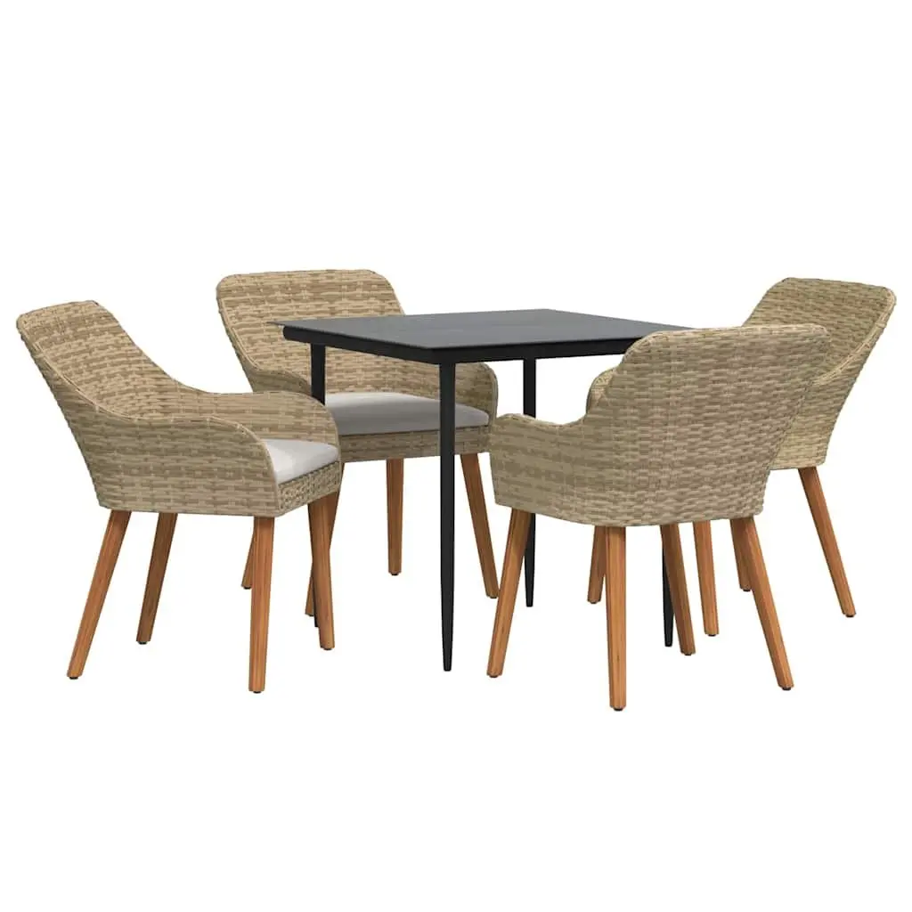 Garden Dining Set 5 Pieces Outdoor Furniture Beige Poly Rattan with Tempered Glass Table and Weather-Resistant Cushions