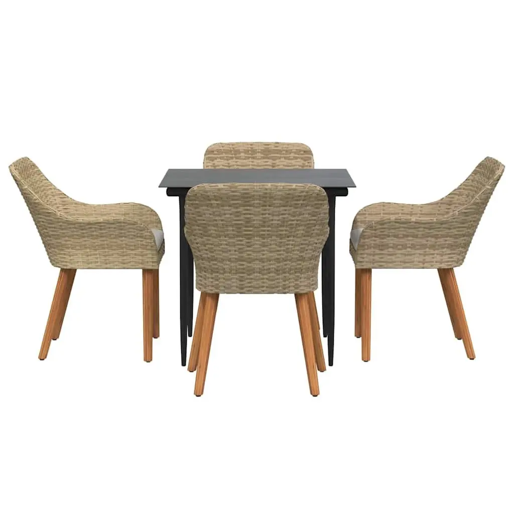 Garden Dining Set 5 Pieces Outdoor Furniture Beige Poly Rattan with Tempered Glass Table and Weather-Resistant Cushions