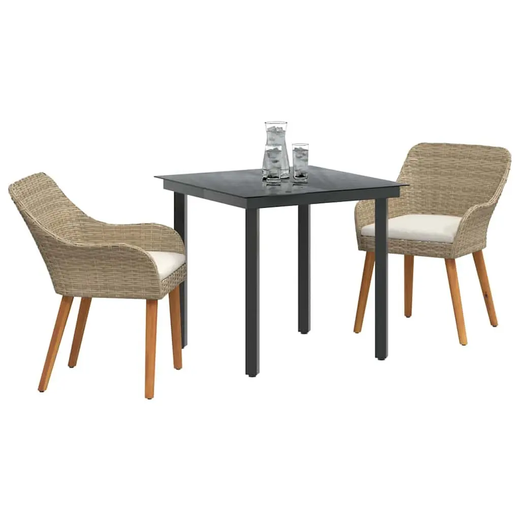 Outdoor Dining Set 3 Piece Beige Garden Furniture Patio Table and Chairs with Cushions