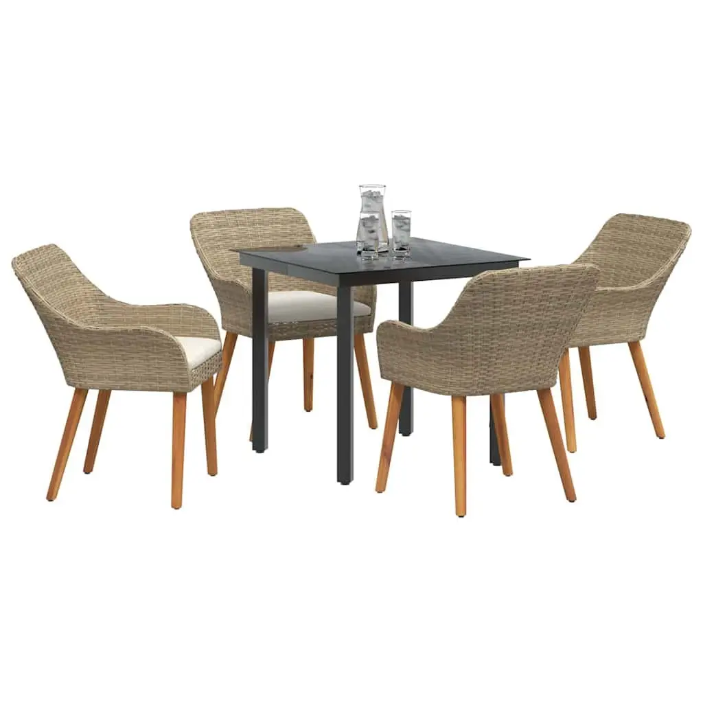 Outdoor Garden Dining Set 5 Piece Beige Poly Rattan with Tempered Glass Table and Weather-Resistant Cushions
